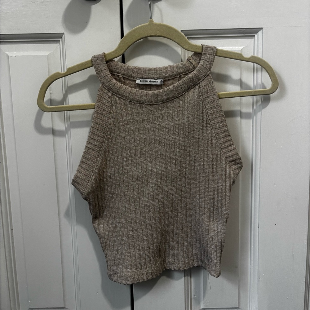 Bershka Ribbed Knit Crop Top in beige